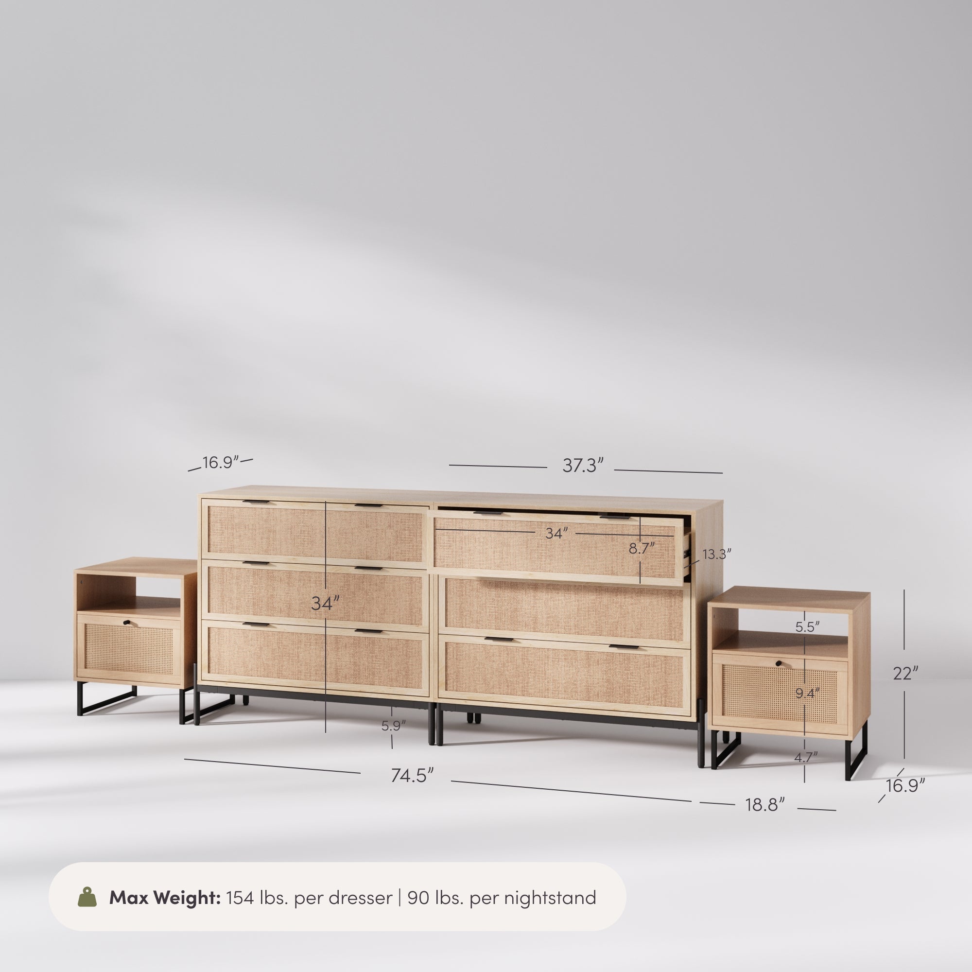 Boho Rattan Cabinet Bedroom Set Light Oak
