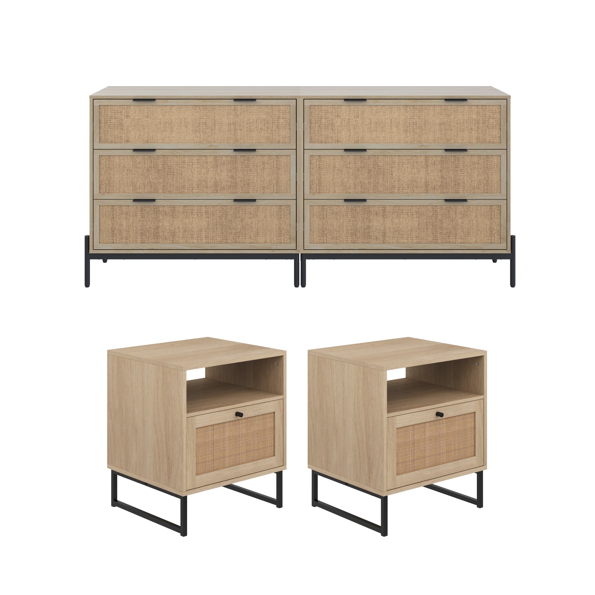 Boho Rattan Cabinet Bedroom Set Light Oak