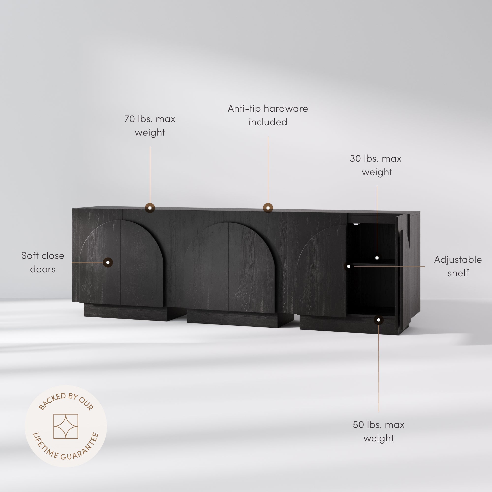 Arched Kitchen Cabinet Credenza Black (Set of 3)