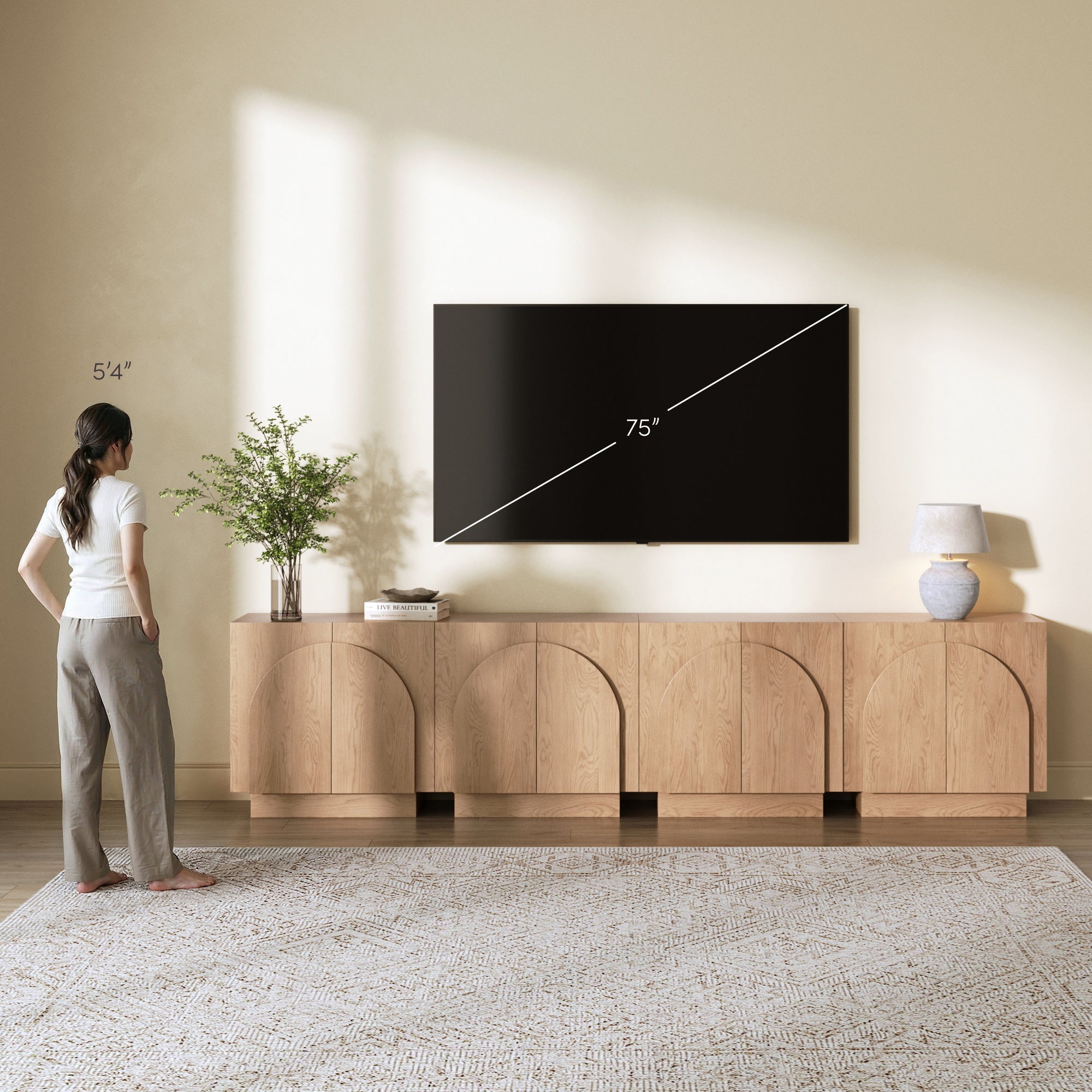 Large Arched TV Console Credenza Oak (Set of 4)