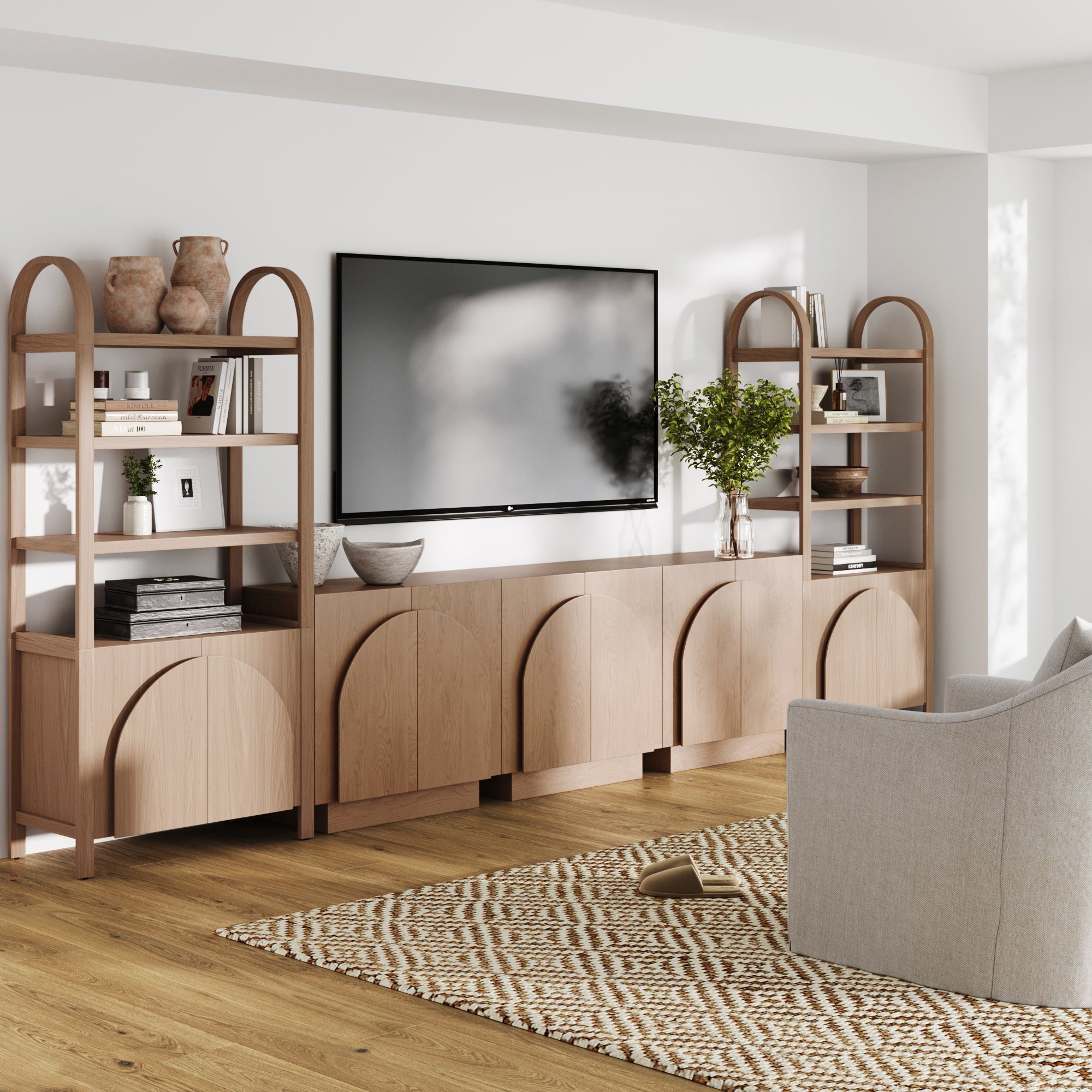 Mid-Century Modern Arched Wood Entertainment Center Oak (3 Cabinets)