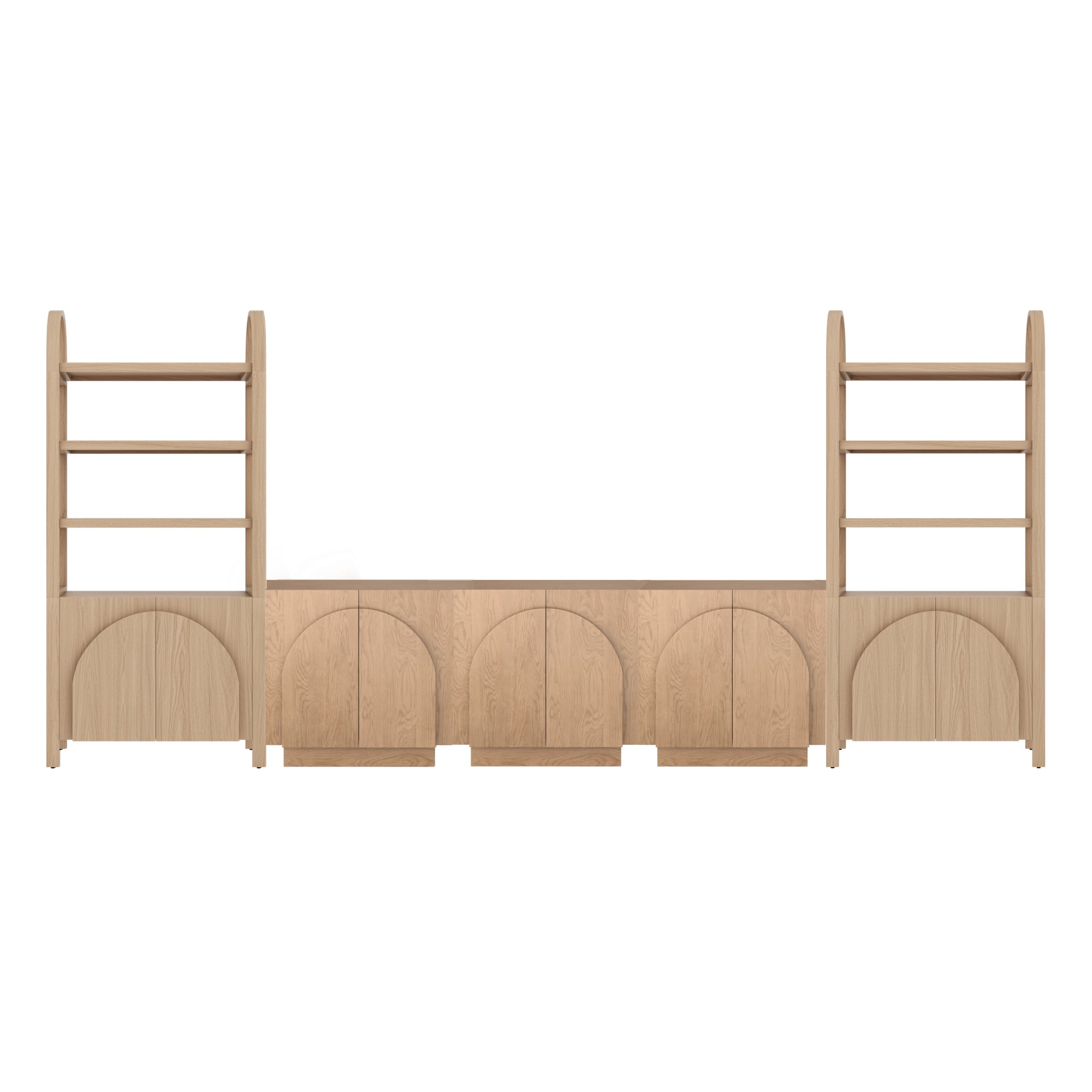 Mid-Century Modern Arched Wood Entertainment Center Oak (3 Cabinets)