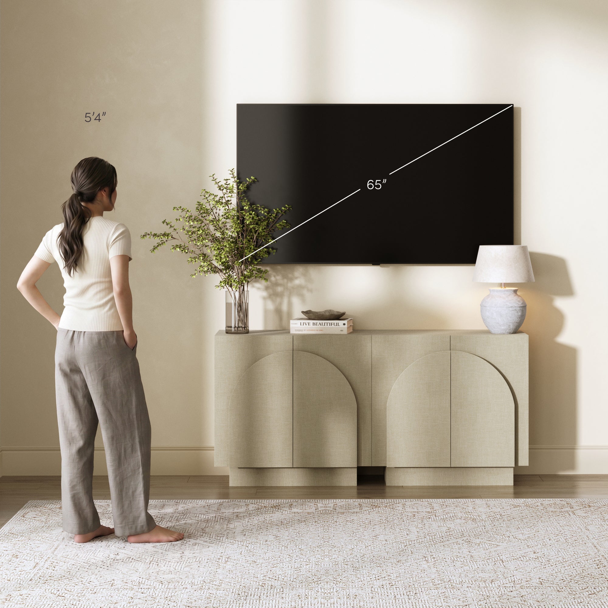 Arched Fabric Wrapped Storage Cabinet Credenza Beige (Set of 2)
