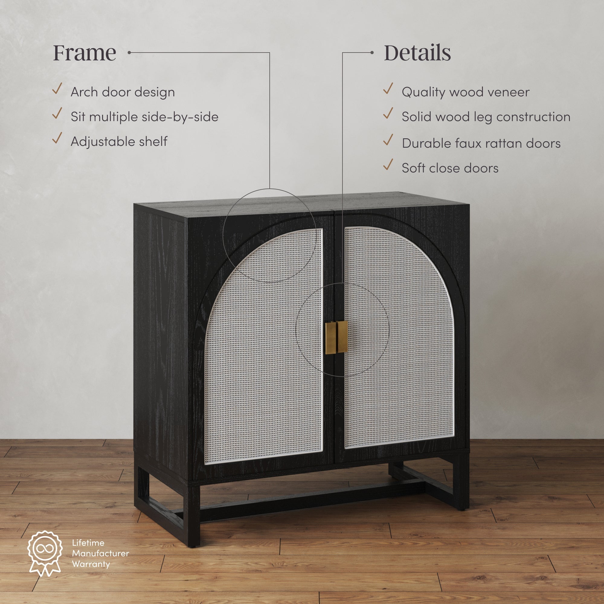 Large Rattan Credenza Console Black (Set of 4)