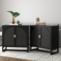 Arched Wooden Storage Credenza Black Rattan (Set of 2)