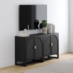 Arched Wooden Storage Credenza Black Rattan (Set of 2)