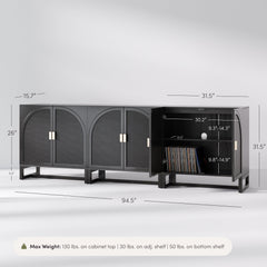 Arched Wooden Storage Credenza Black Rattan (Set of 3)