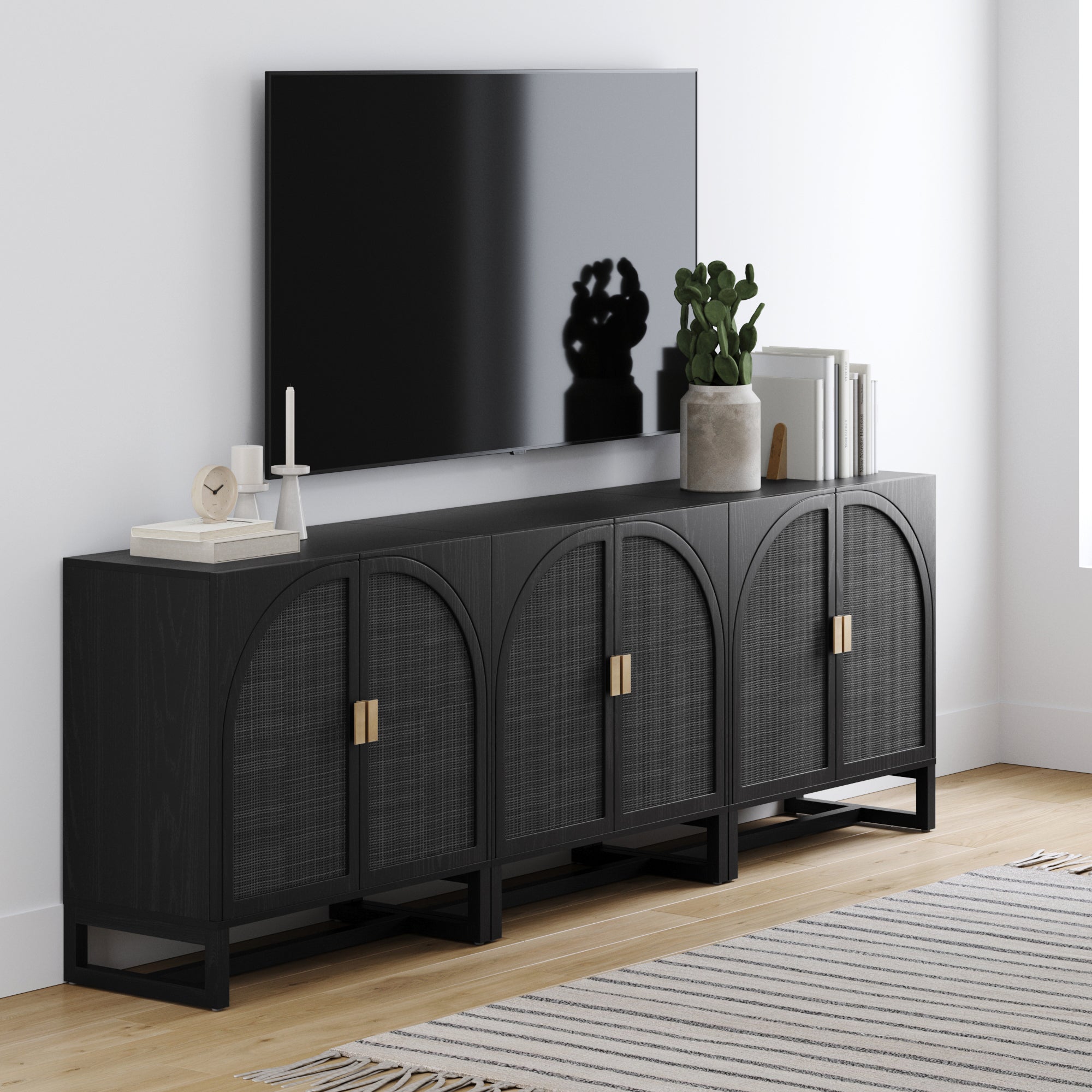 Arched Wooden Storage Credenza Black Rattan (Set of 3)
