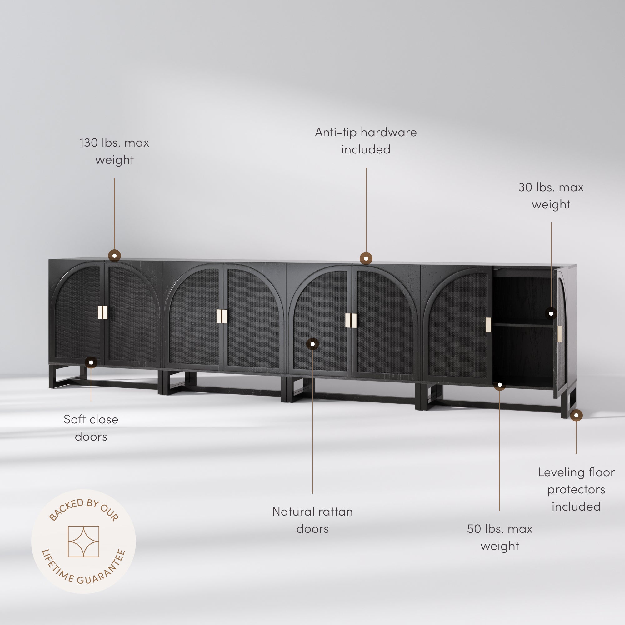 Arched Wooden Storage Credenza Black Rattan (Set of 4)
