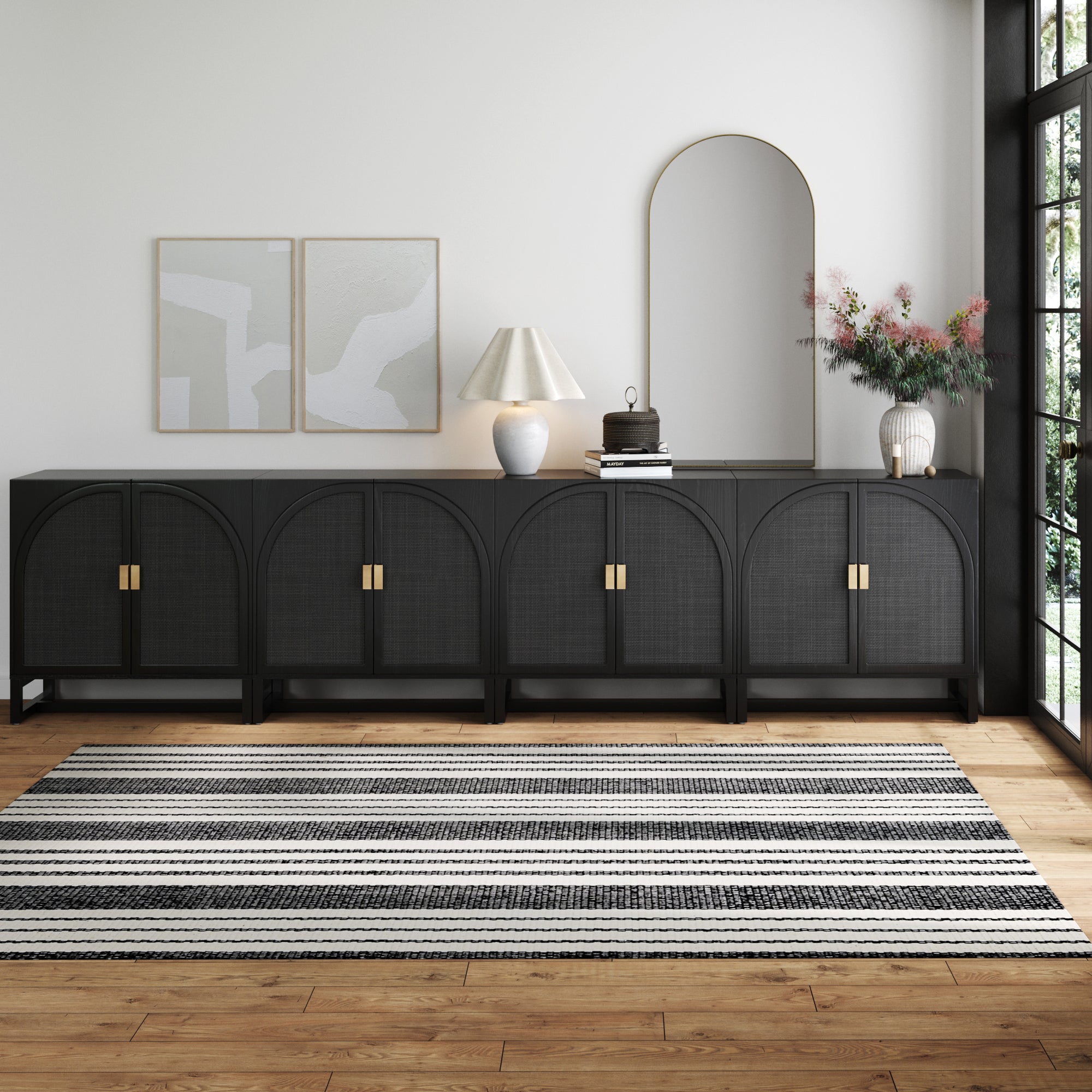 Arched Wooden Storage Credenza Black Rattan (Set of 4)