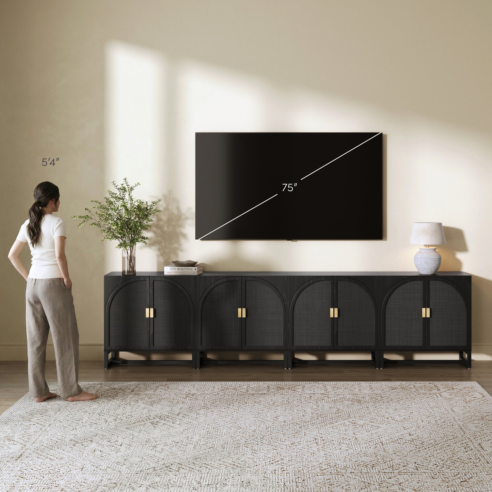 Arched Wooden Storage Credenza Black Rattan (Set of 4)
