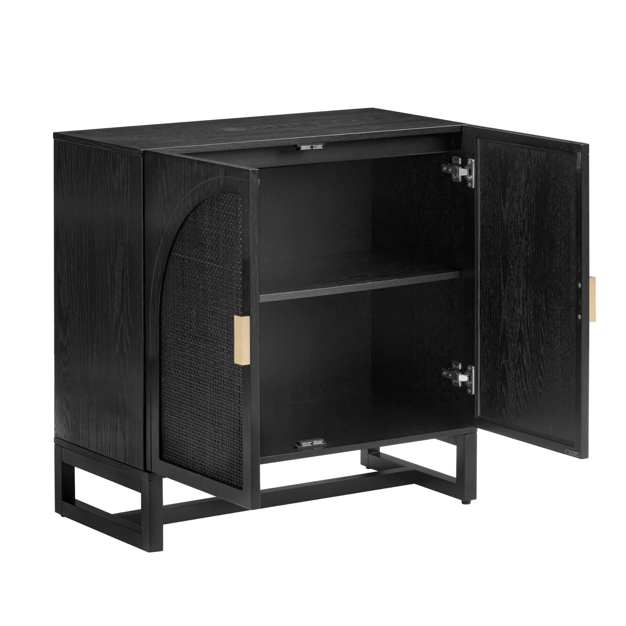 Arched Wooden Storage Credenza Black Rattan (Set of 3)