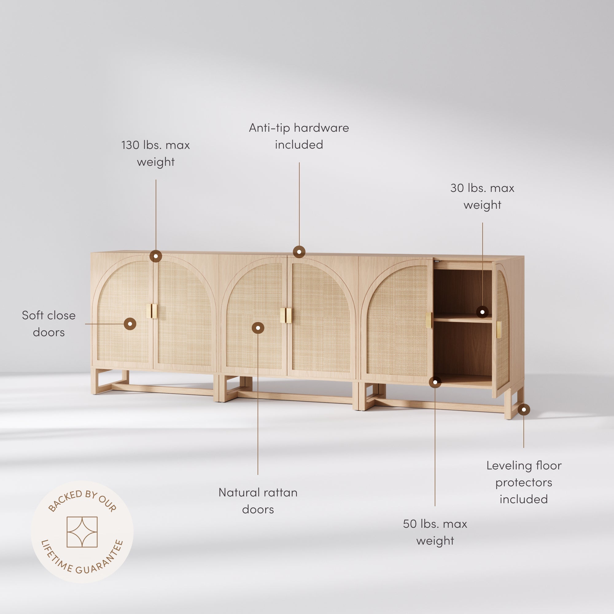 Boho Arched Cabinet Credenza Raw Oak (Set of 3)