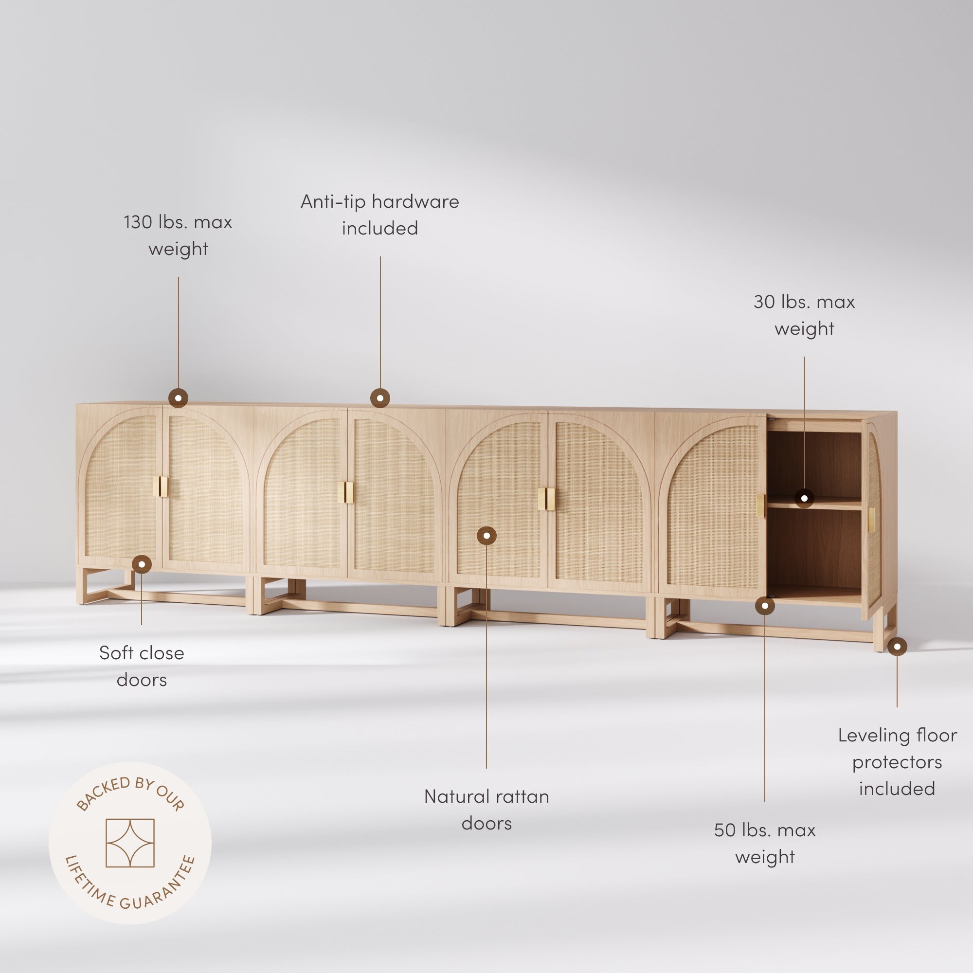 Large Boho Arched Cabinet Credenza Raw Oak (Set of 4)