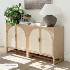 Boho Rattan Arched Door Storage Cabinet Raw Oak