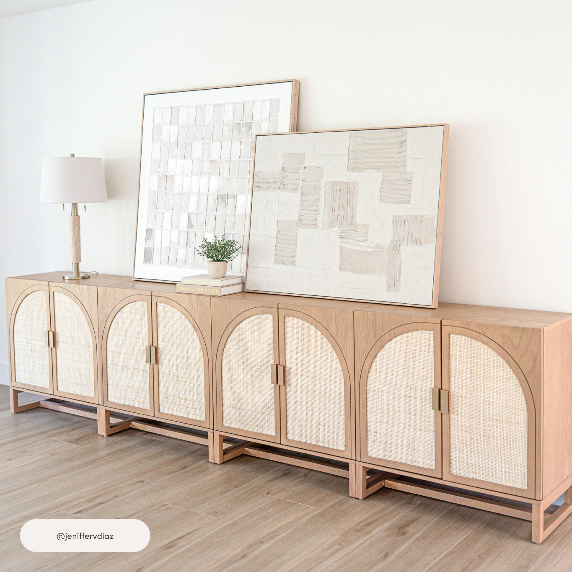 Boho Rattan Arched Door Storage Cabinet Raw Oak