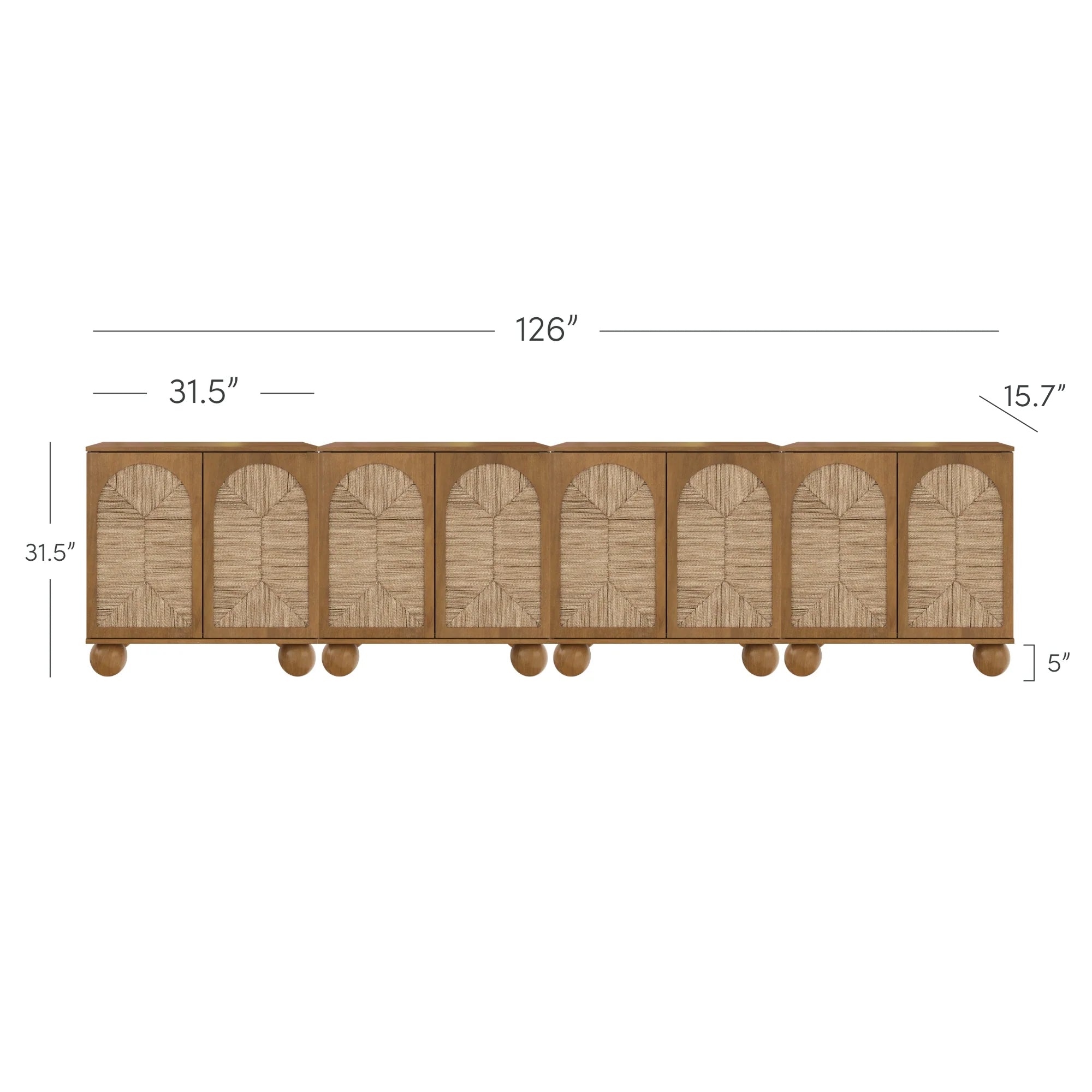 Large Seagrass Arched Storage Cabinet Credenza Light Brown (Set of 4)