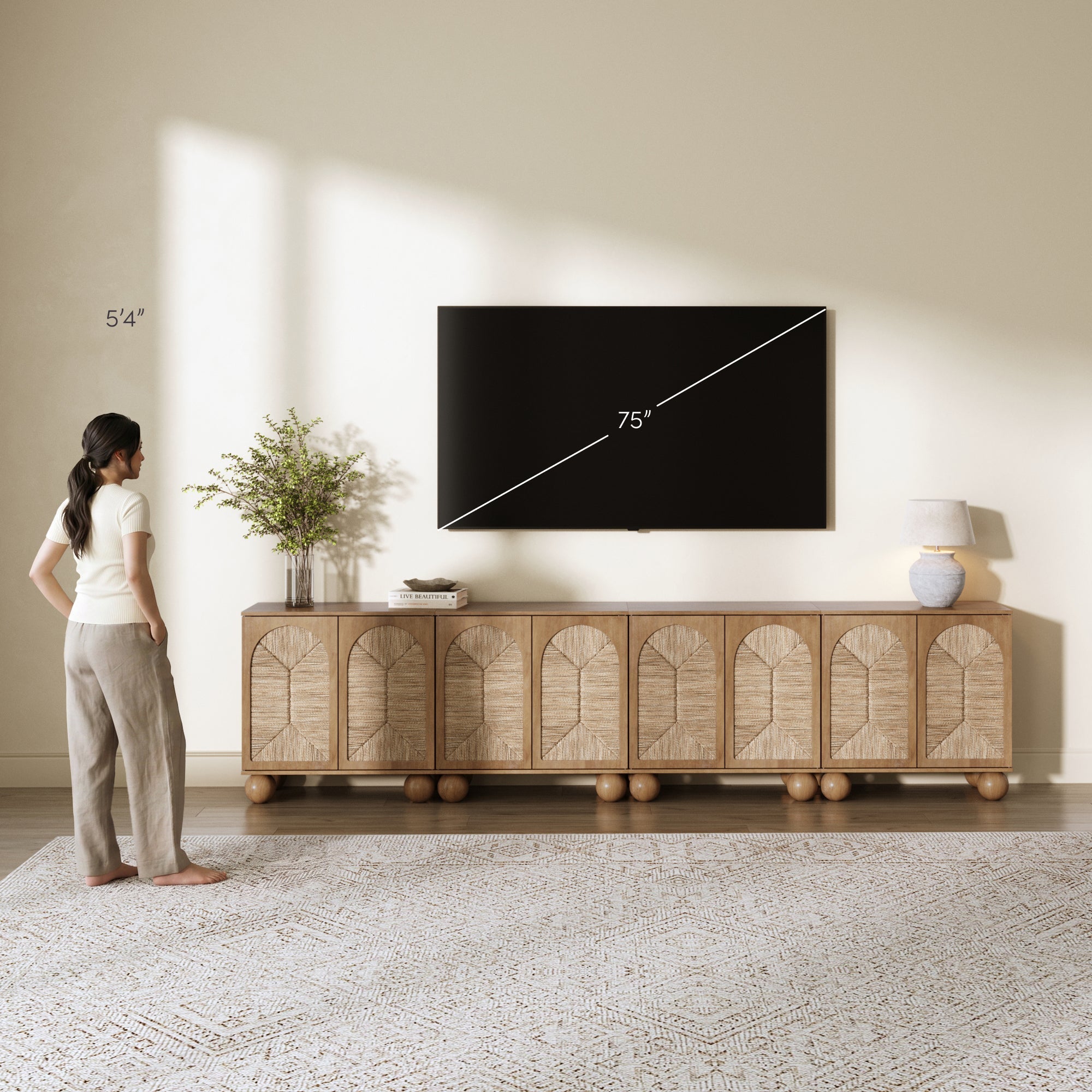 Large Seagrass Arched Storage Cabinet Credenza Light Brown (Set of 4)