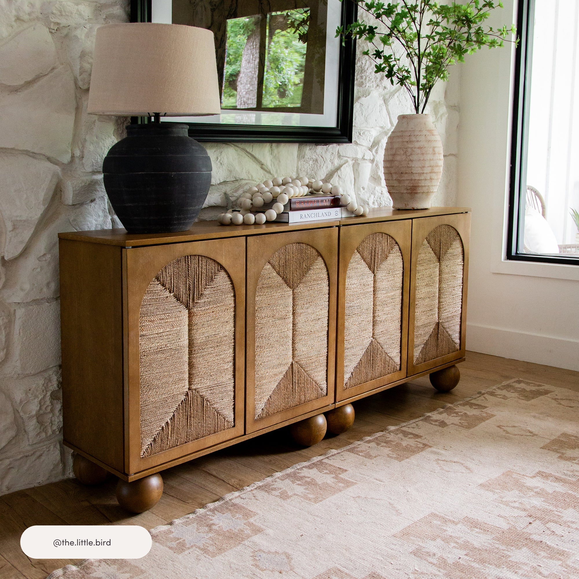 Large Seagrass Arched Storage Cabinet Credenza Light Brown (Set of 4)