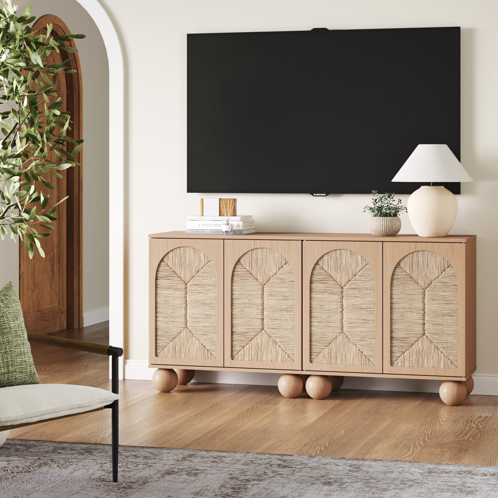 Seagrass Arched Storage Cabinet Credenza Raw Oak (Set of 2)