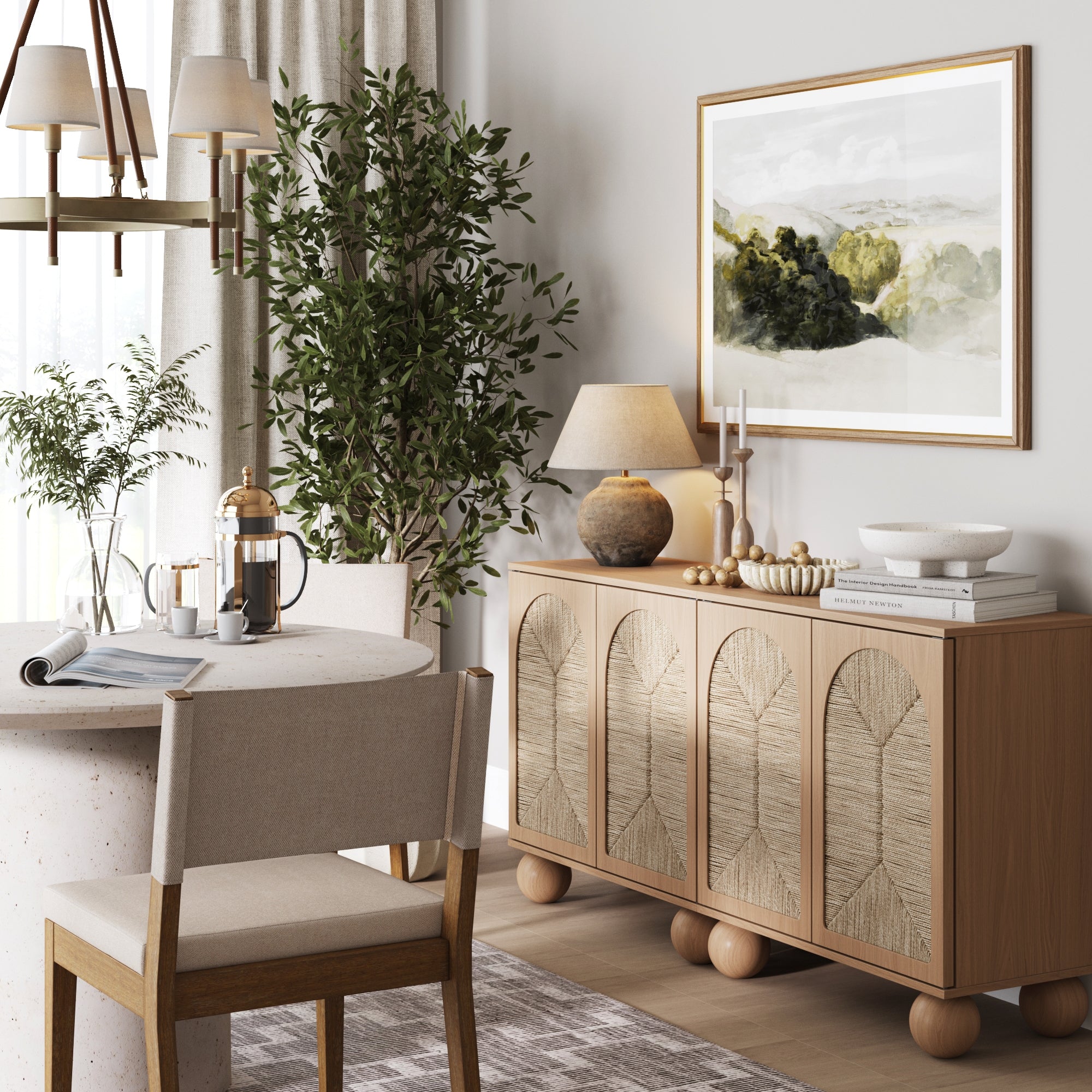 Seagrass Arched Storage Cabinet Credenza Raw Oak (Set of 2)