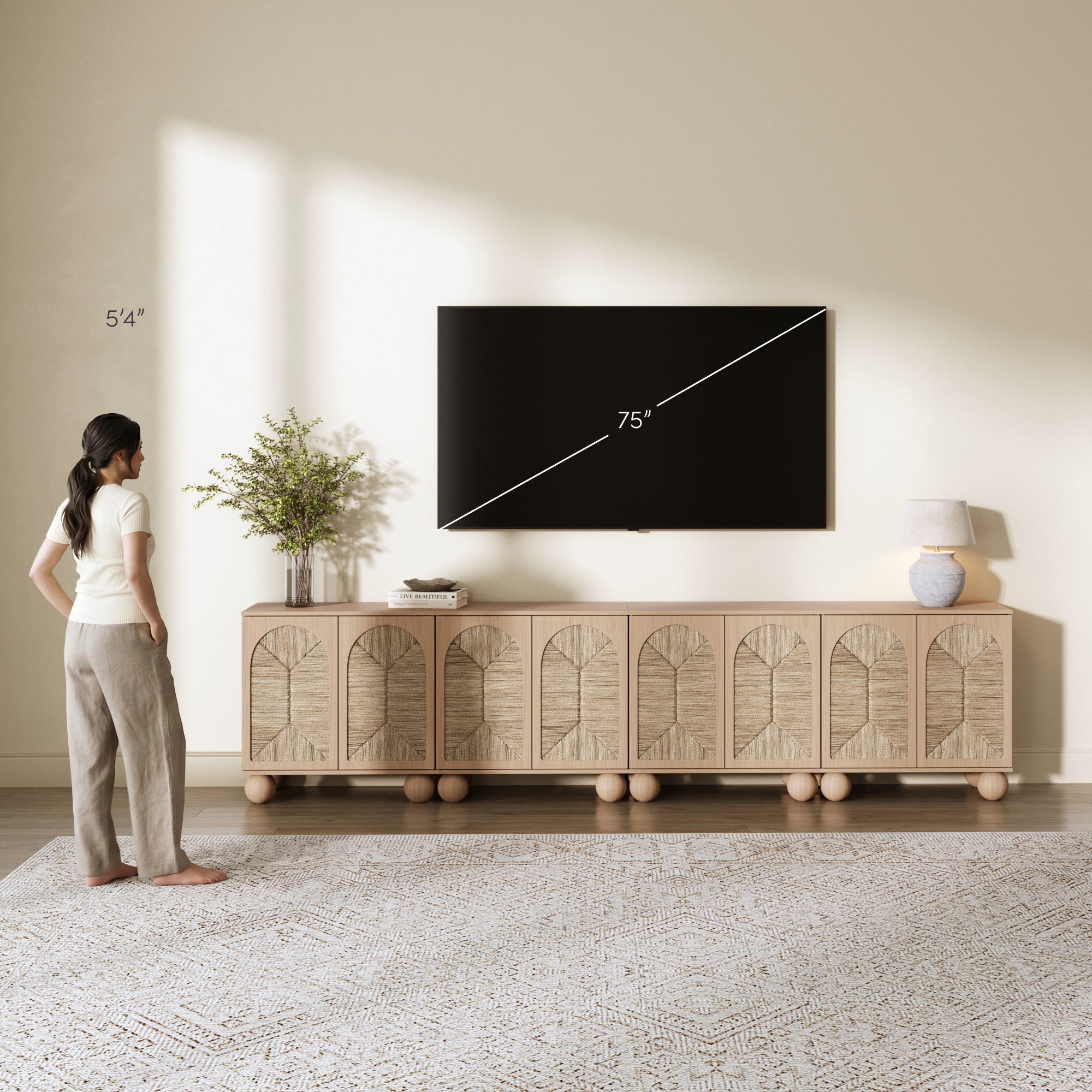 Large Seagrass Arched Storage Cabinet Credenza Raw Oak (Set of 4)