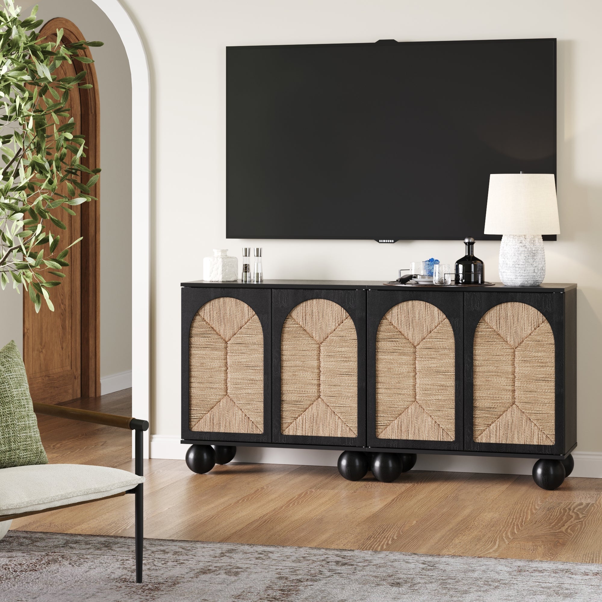 Seagrass Arched Storage Cabinet Credenza Black (Set of 2)