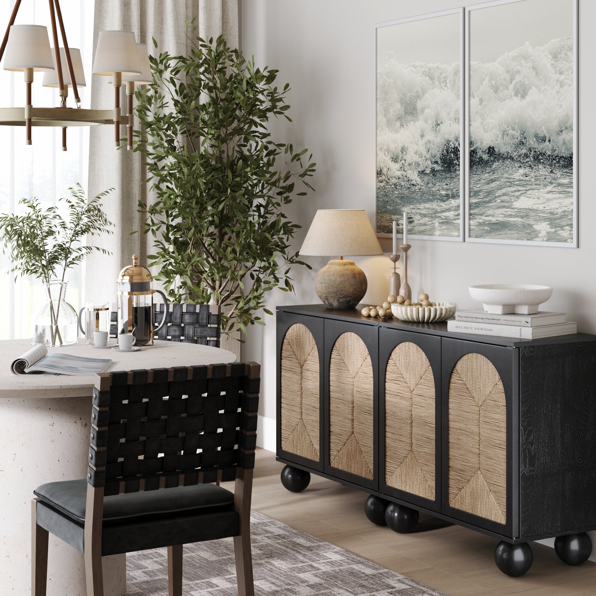 Seagrass Arched Storage Cabinet Credenza Black (Set of 2)