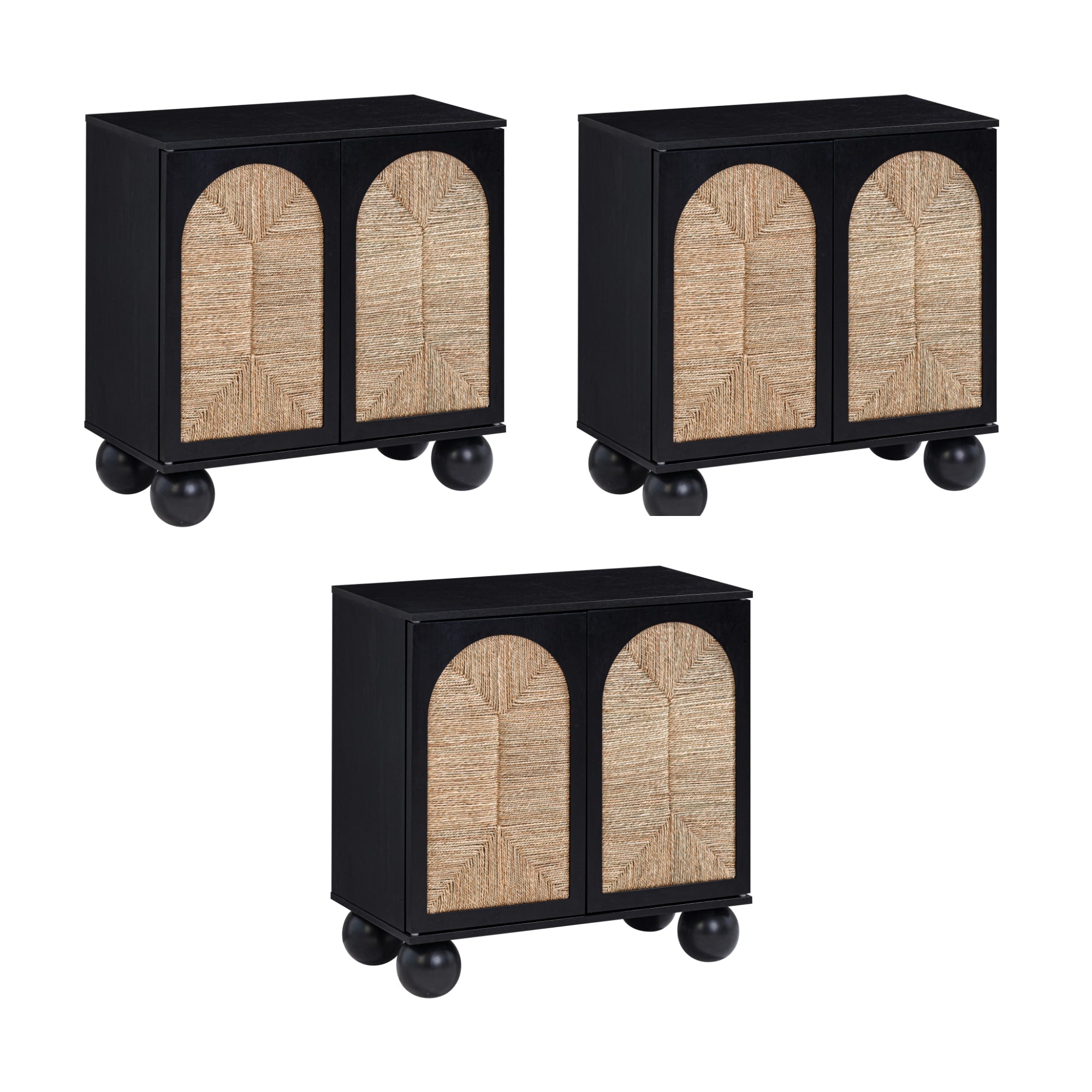 Seagrass Arched Storage Cabinet Credenza Black (Set of 3)