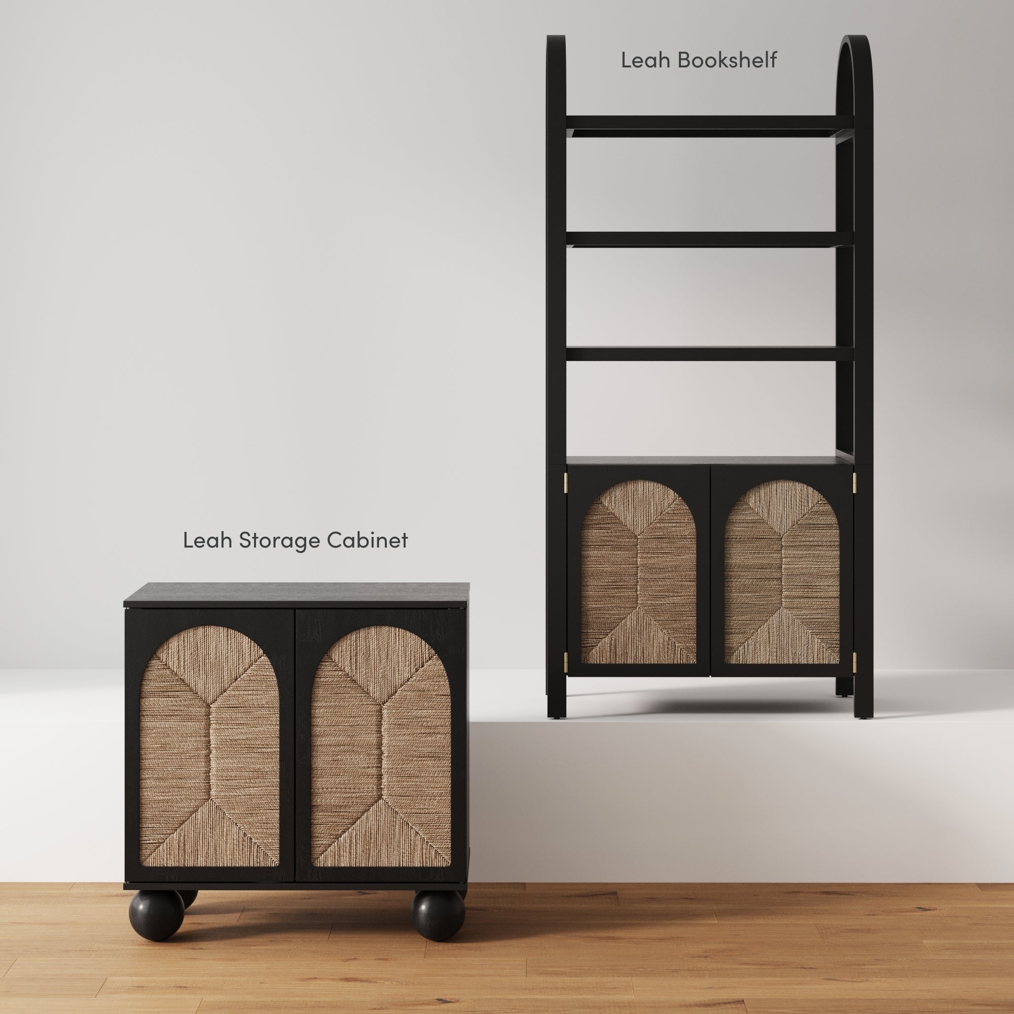 Seagrass Arched Storage Cabinet Credenza Black (Set of 2)
