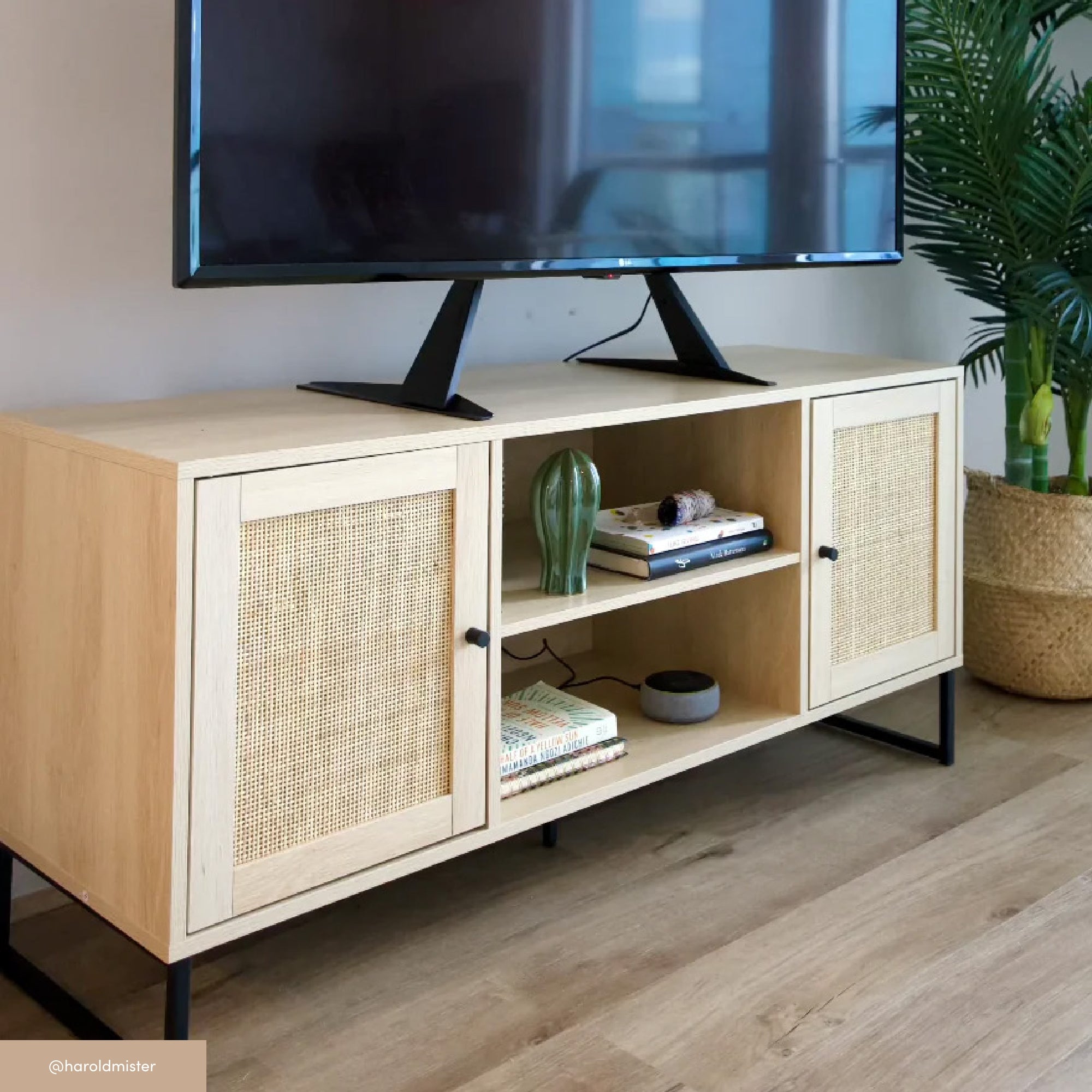 Rattan TV Console Credenza Light Oak (Set of 2)
