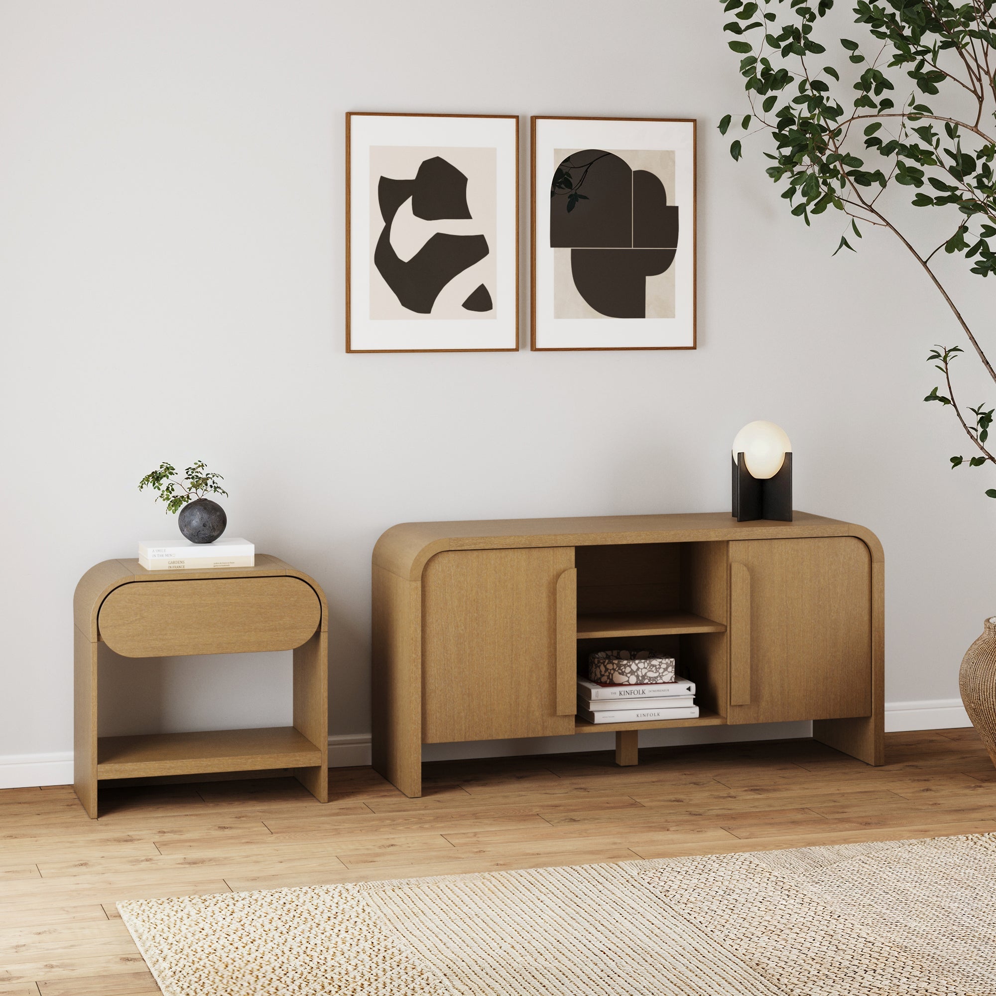 Arched TV Stand and End Table Living Room Set Warm Oak