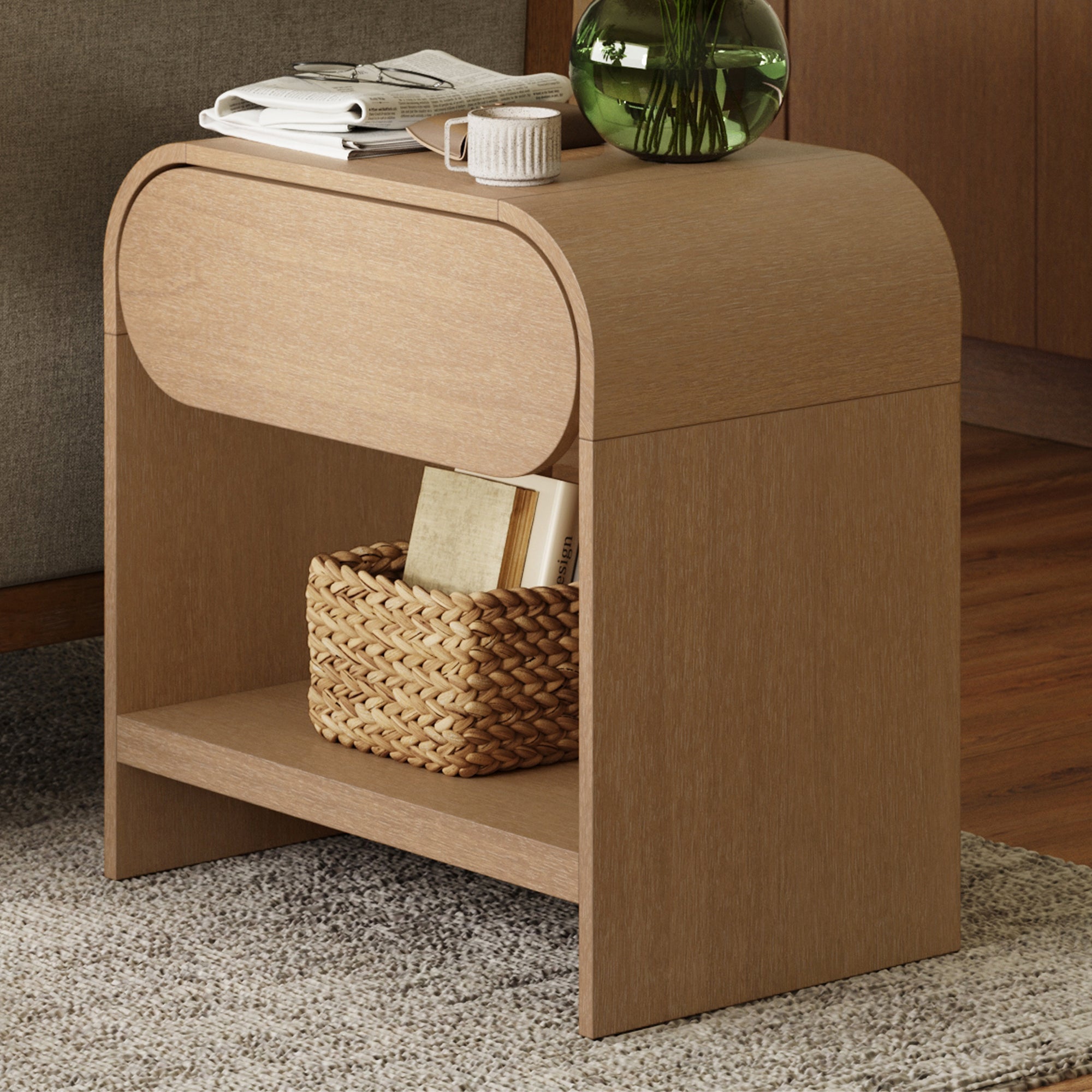 Arched TV Stand and 2 End Tables Living Room Set Light Brown