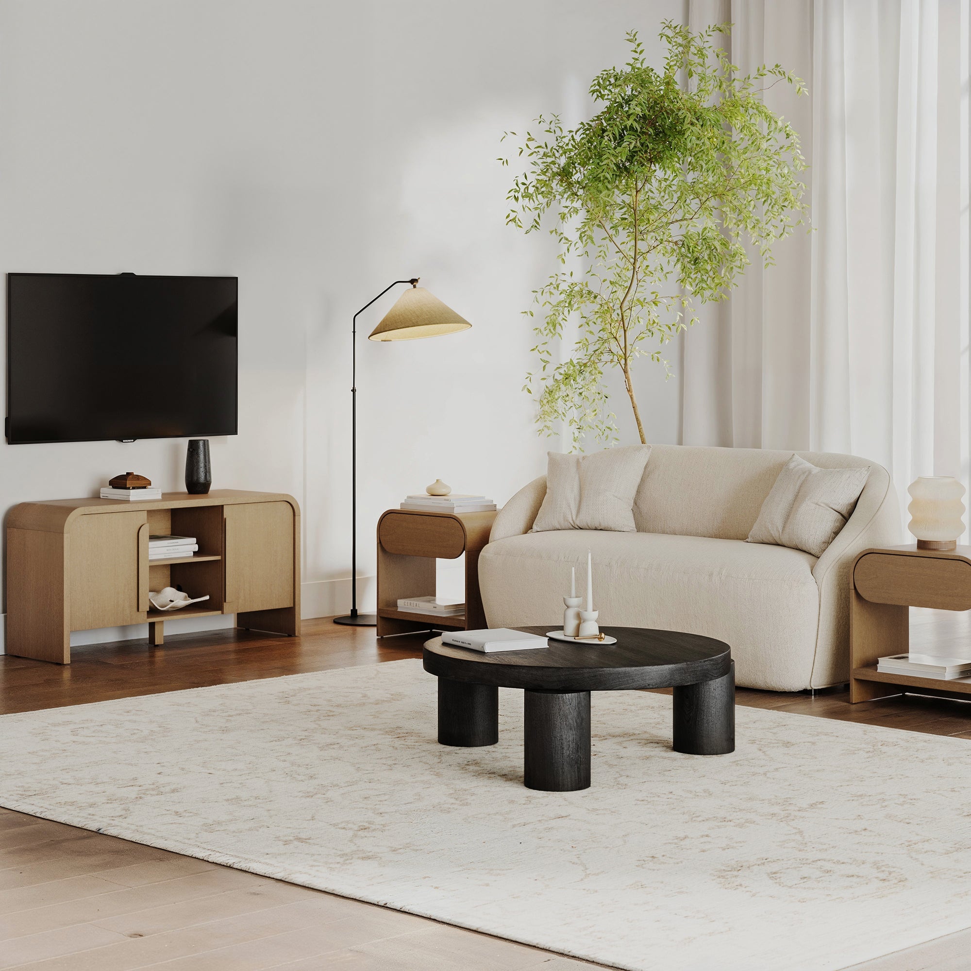 Arched TV Stand and 2 End Tables Living Room Set Light Brown