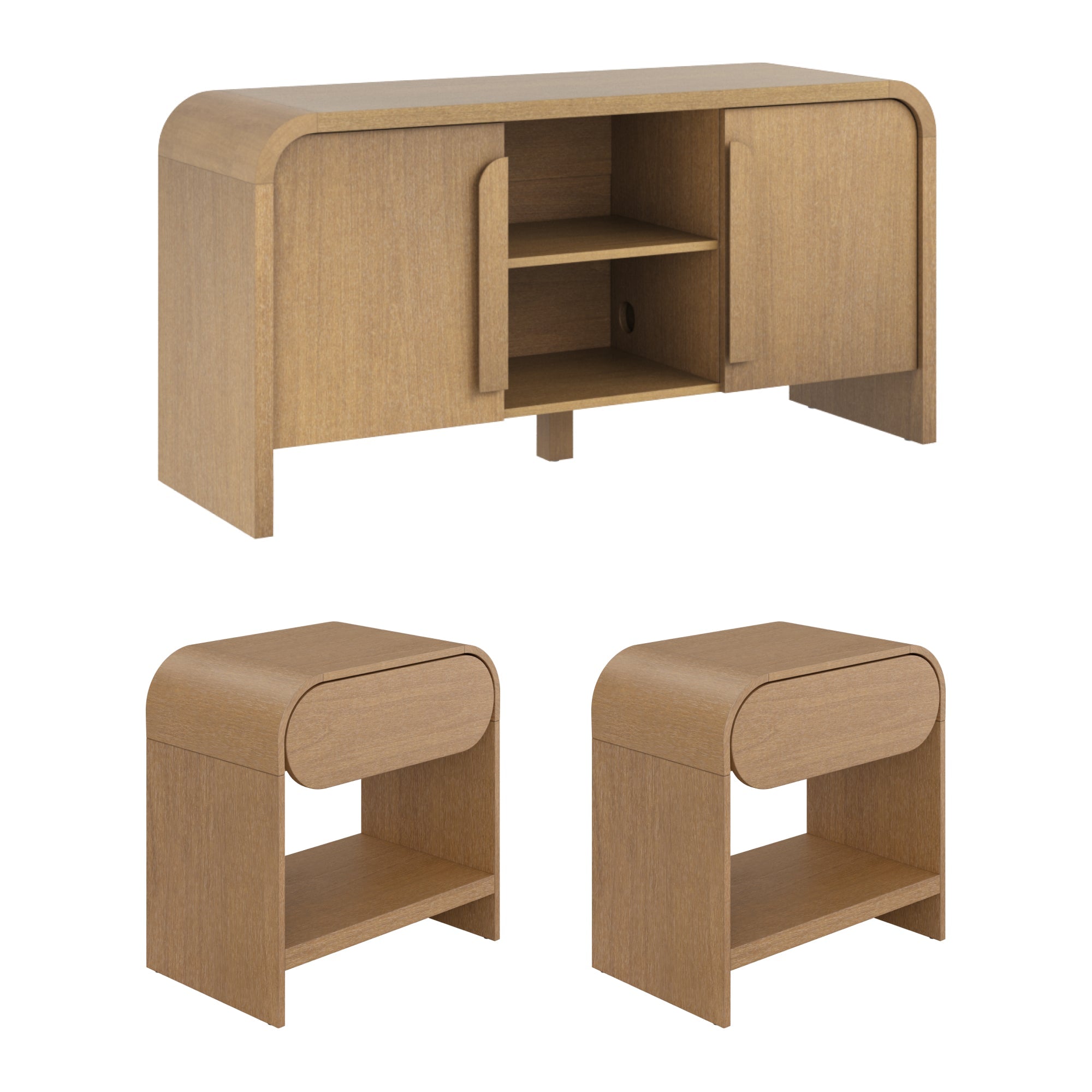 Arched TV Stand and 2 End Tables Living Room Set Light Brown