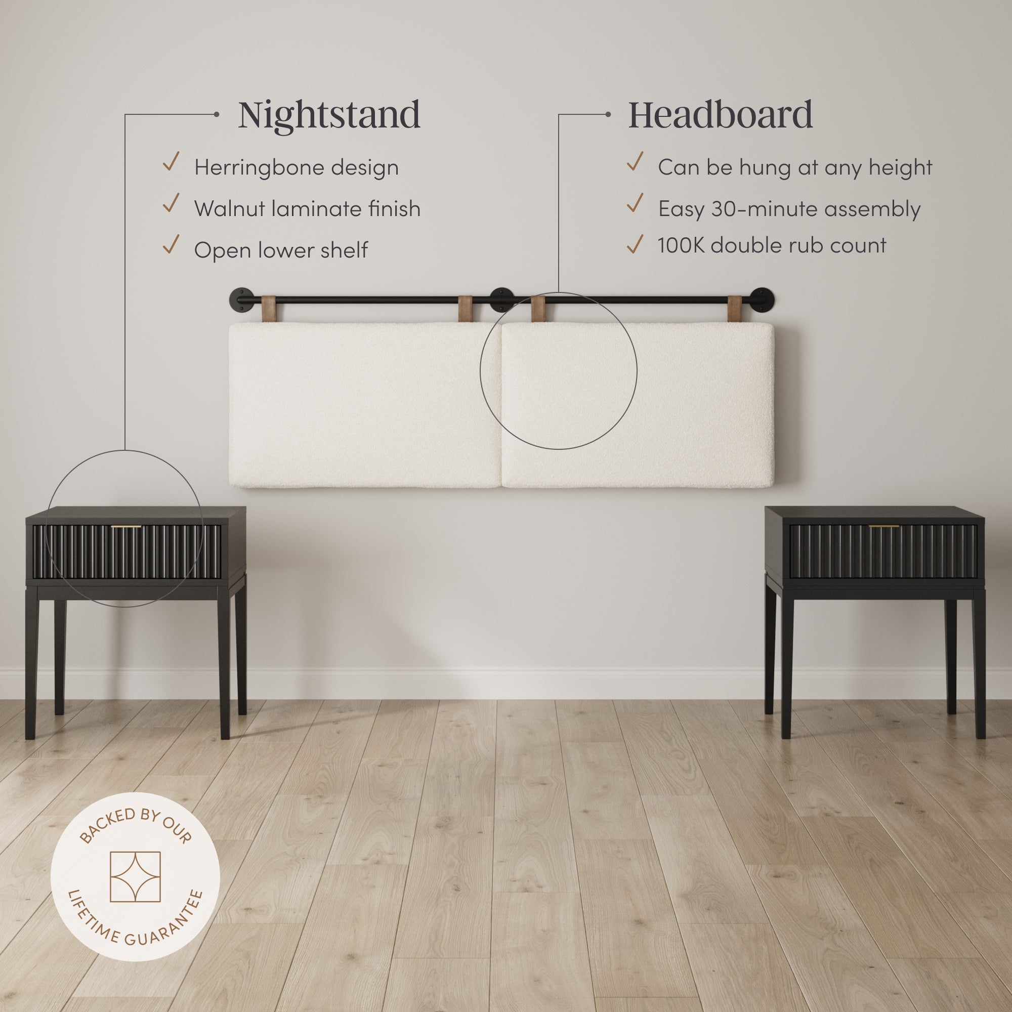 Boucle Upholstered Queen Headboard and Nightstand Set