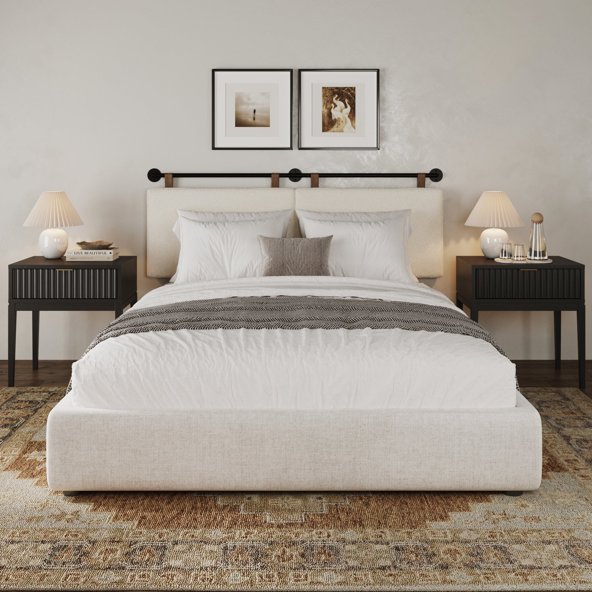 Boucle Upholstered Queen Headboard and Nightstand Set