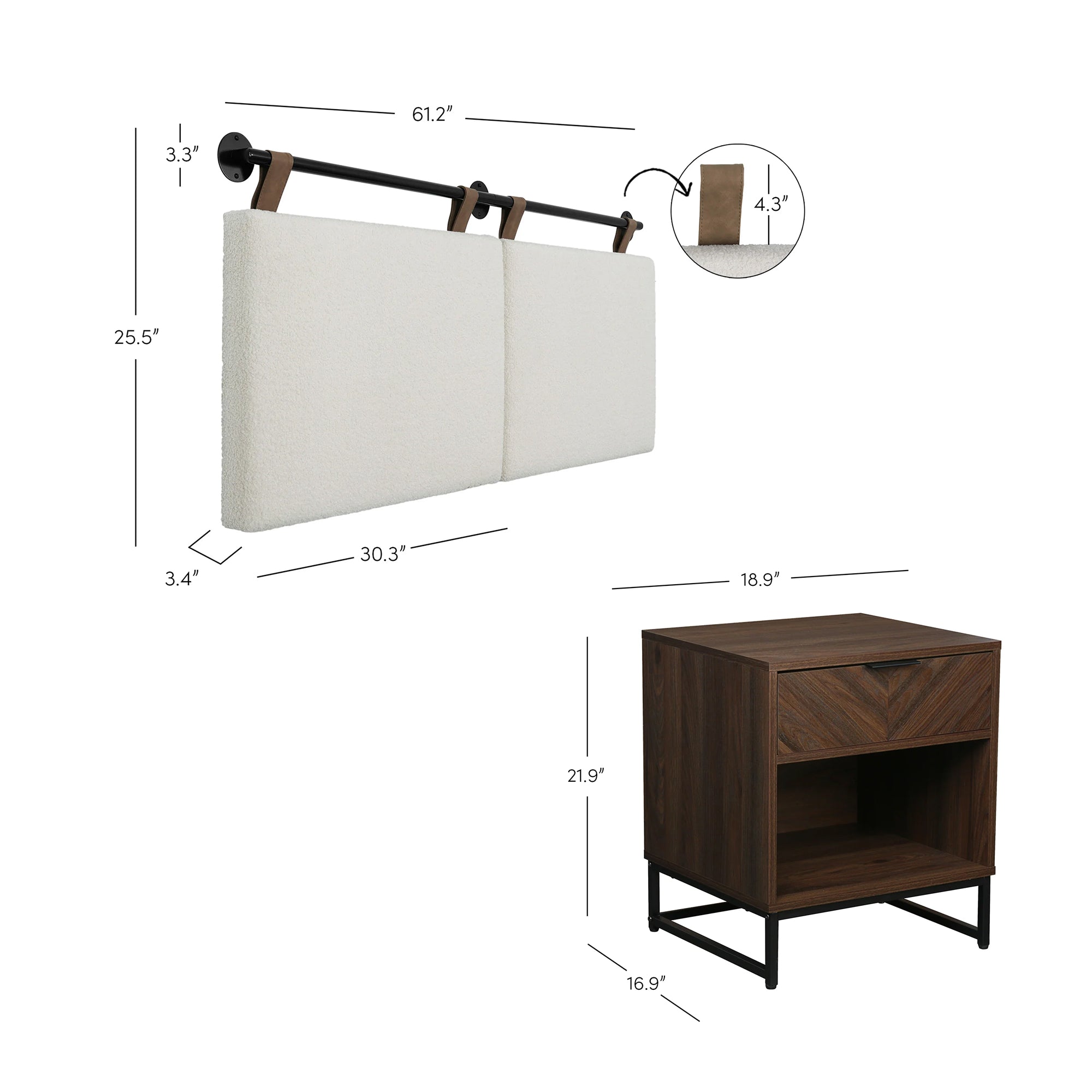 Boucle Queen Headboard and Walnut Nightstand Set