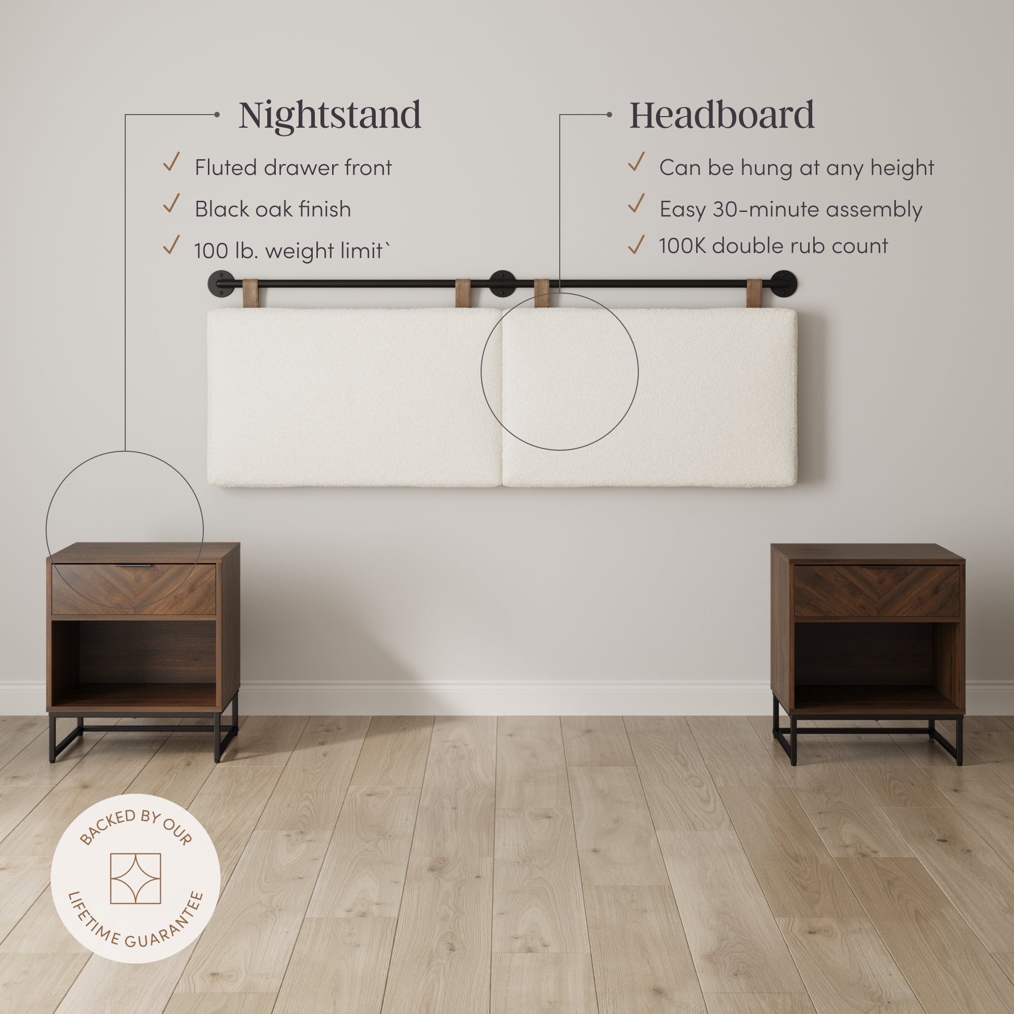 Boucle Queen Headboard and Walnut Nightstand Set