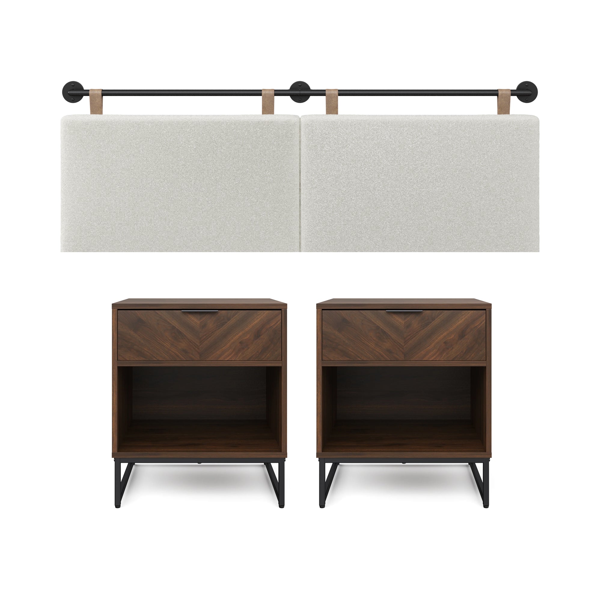 Boucle Queen Headboard and Walnut Nightstand Set