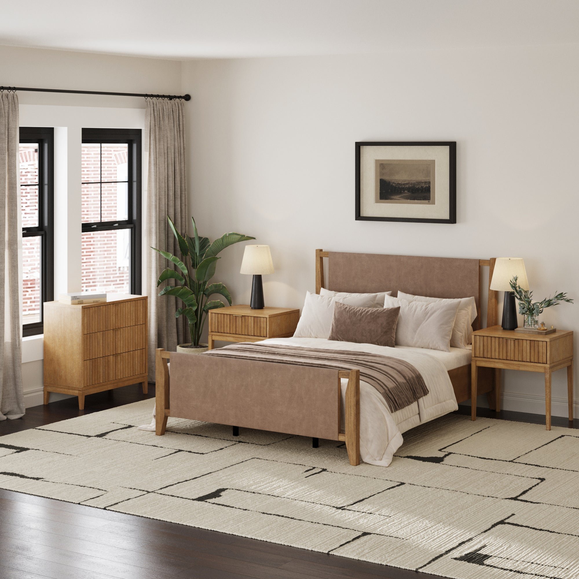 Faux Suede Queen Bedroom Set with 1 Fluted Dresser & 2 Nightstands Light Brown