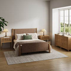 Faux Suede Queen Bedroom Set with 2 Fluted Dressers & 2 Nightstands Light Brown