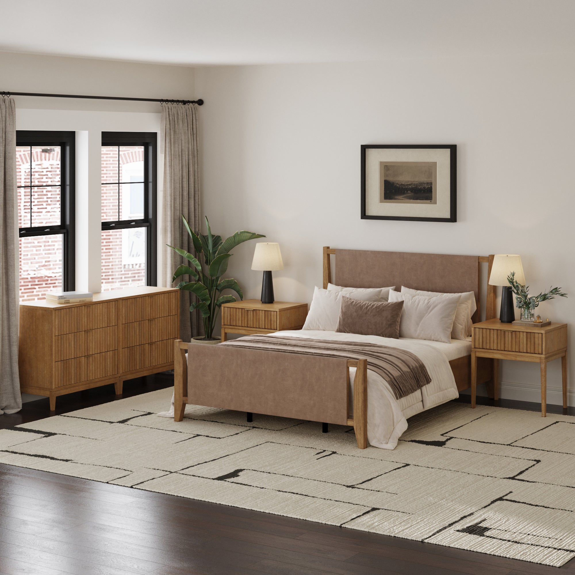 Faux Suede Queen Bedroom Set with 2 Fluted Dressers & 2 Nightstands Light Brown