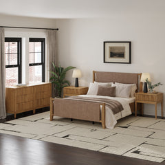 Faux Suede Queen Bedroom Set with 2 Fluted Dressers & 2 Nightstands Light Brown