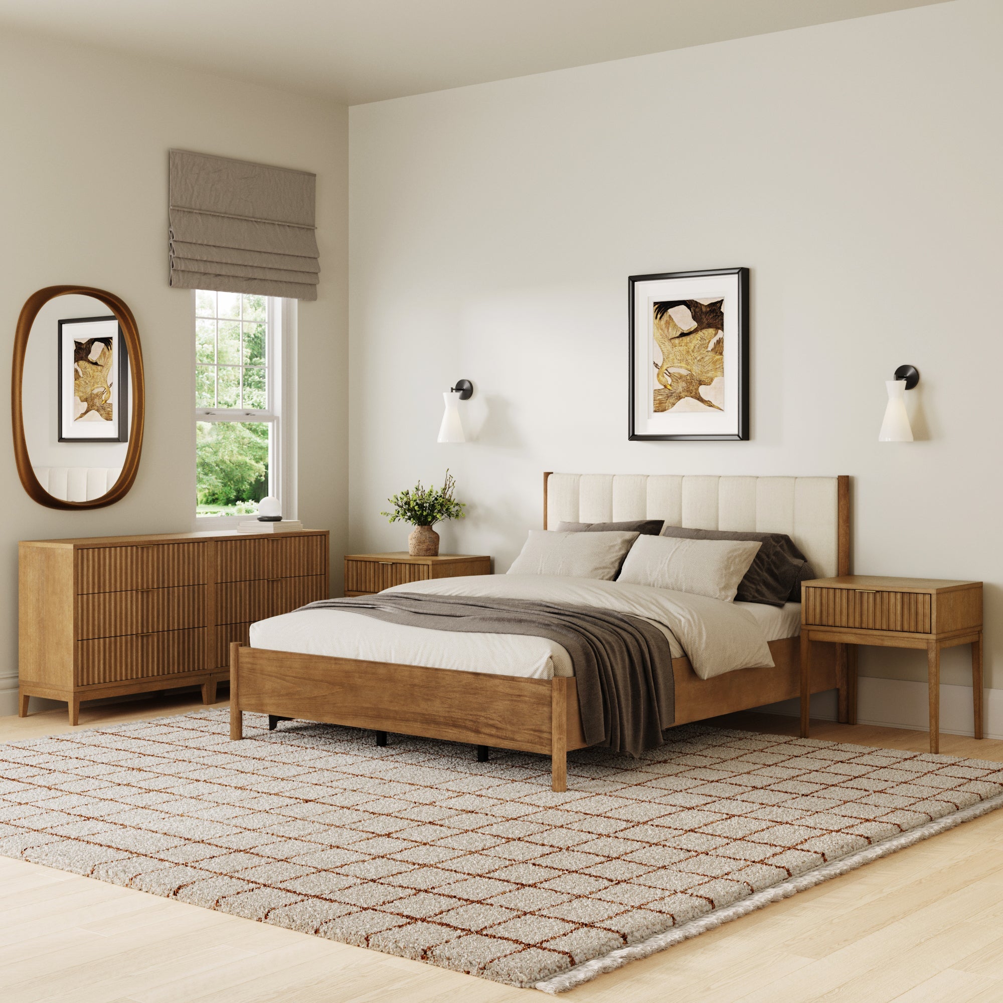 Modern Queen Bedroom Set with 2 Fluted Dressers and 2 Nightstands Light Brown