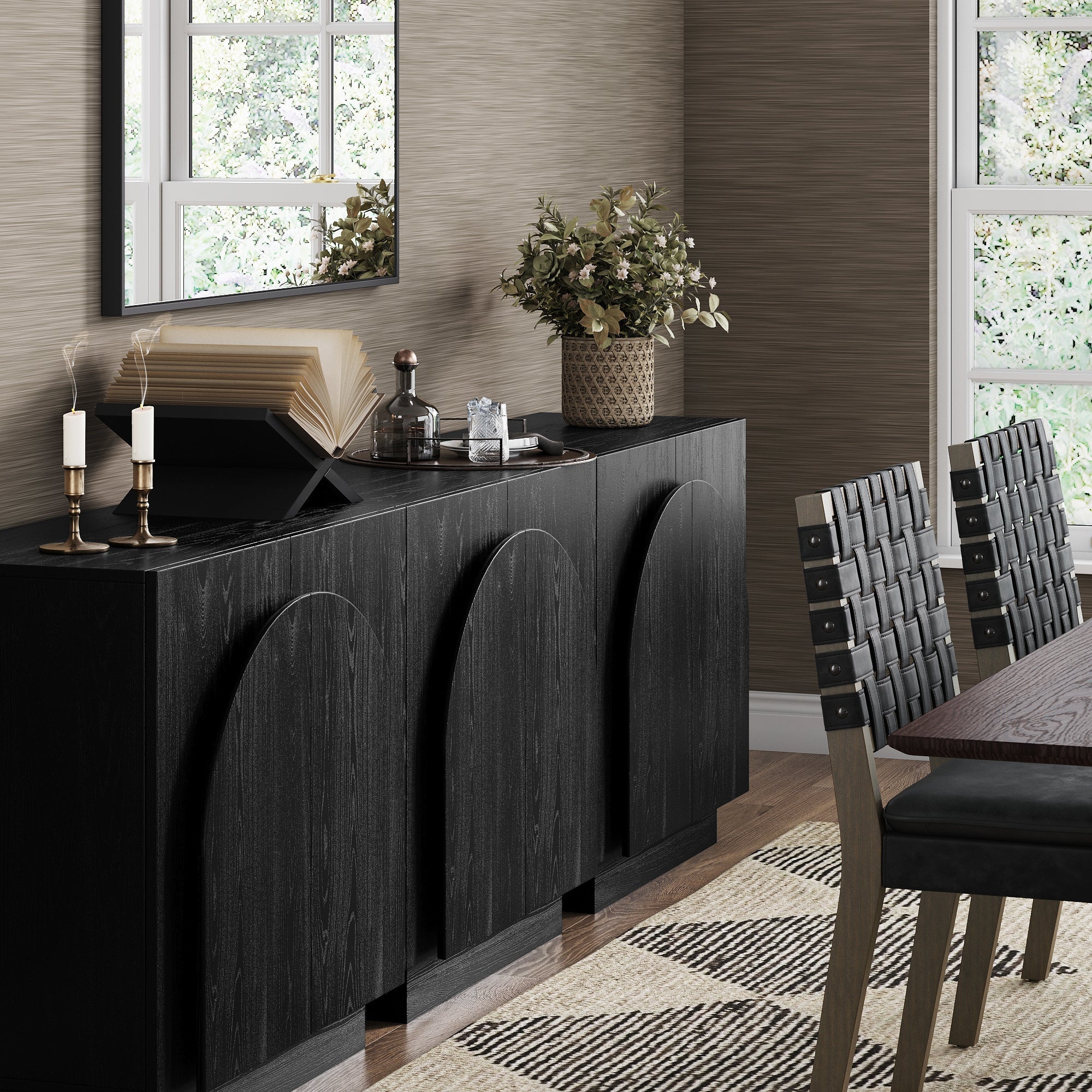 Arched Kitchen Cabinet Credenza Black (Set of 3)